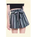 Basic Womens Shorts Striped Pattern Tie Ruffle Waist Loose Fitted Elastic Waist Relaxed Shorts