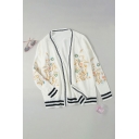 Fashion Womens Flower Embroidered Striped Print Long Sleeve Open Front Loose Knit Cardigan
