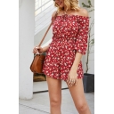 Cool Womens Red Rompers Flower Printed off Shoulder 3/4 Sleeve Loose Fitted Rompers