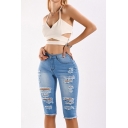 Novelty Womens Blue Shorts Medium Wash Ripped Frayed Cuffs Mid Rise Knee-Length Slim Fitted Denim Shorts
