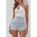 Womens Shorts Fashionable Rolled Cuffs Flap Pockets High Rise Zipper Fly A-Line Regular Fitted Blue Denim Shorts