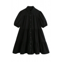 Street Girls Solid Color Blouson Sleeve Point Collar Button Up Short Swing Shirt Dress in Black