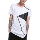 Mens T-Shirt Trendy Asymmetric Hem Oblique Zipper Panel Round Neck Regular Fit Short Sleeve T-Shirt