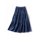 Unique Womens Skirt Plain Drawstring Detail Denim Panel High Waist Midi A-Line Tiered Skirt
