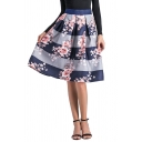 Dainty Skirt Floral Leaf Plant Stripe Print Zip Placket Knee Length Pleated Detail Jacquard A-Line Skirt for Women