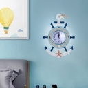 Kids Anchor Wall Mount Lighting Metal LED Bedside Wall Sconce with Rudder Clock Design in Blue, Warm/White Light
