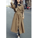 Plaid Printed Notched Lapel Collar Long Sleeve Double Breasted Tie Waist Trench Coat