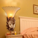 1-Head Wall Sconce Light Rustic Carved Amber Glass Wall Mounted Lamp with Peacock Deco in Gold