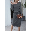 Leisure Womens Solid Color Long Sleeve Oblique Shoulder Drawstring Waist Mid Shift Dress