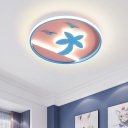 Disc Thin Flush Mount Ceiling Light Kids Metal Pink LED Flushmount with Palm Tree and Seagull Pattern