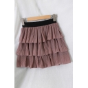 Cute Skirt Contrast Pleated Ruffles Layered High Waist Elastic Mini A-Line Skirt for Women