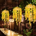 Metallic Circular Suspension Light Industrial 1 Bulb Cafe Hanging Lamp Kit with Flower Deco in Yellow