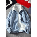 Cool Mens Jacket Light Blue Lined Flap Chest Pockets Button up Turn-down Collar Long Sleeve Relaxed Fitted Denim Jacket