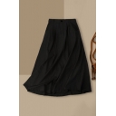 Womens Skirt Casual Solid Color Pleated Linen High Waist Midi A-Line Swing Skirt