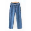 Womens Jeans Blue Fashionable Faded Wash Buckle Belted Large Pockets Zipper Fly Ankle Length Relaxed Fit Tapered Jeans