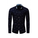 Novelty Mens Shirt Plane with Smoke Behind Pattern Chest Pocket Button up Turn-down Collar Long Sleeve Slim Fitted Shirt