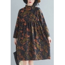 Womens Leisure Tie Dye Printed Long Sleeve Mock Neck Stringy Selvedge Linen and Cotton Short Swing Dress