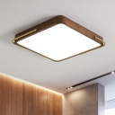 Living Room LED Flush-Mount Light Fixture Modern Brown Ceiling Lamp with Square/Rectangle Wood Shade, 13