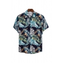 Mens Shirt Creative Leaf Pattern Button up Spread Collar Short Sleeve Regular Fit Shirt