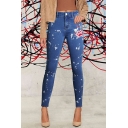 Womens Blue Jeans Trendy Paint Splatter Flower Embroidery Zipper Fly Ankle Length Slim Fit Tapered Jeans