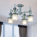 Blue Cylinder Semi Flush Chandelier Mediterranean 4 Heads Frosted Dimpled Glass Ceiling Flush Mount with Anchor Design