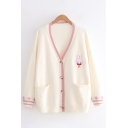 Pretty Ladies Rabbit Embroidered Floral Stripe Print Long Sleeve Button Up Knitted Loose Cardigan