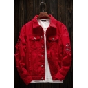 Trendy Men's Jacket Solid Color Ripped Long Sleeves Button Closure Pocket Spread Collar Fitted Denim Jacket in Red