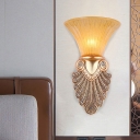 1-Light Amber Glass Wall Light Fixture Rural Gold Flared Bedroom Wall Mounted Lighting, 10
