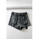 Dainty Shorts Flap Pockets Zip Placket Acid Wash Belt High Rise Regular Fit Jean Shorts for Women