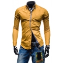 Men's Trendy Shirt Plain Button-down Collar Contrast Trim Long Sleeves Curved Hem Button up Slim Shirt