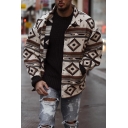 Novelty Mens Jacket Contrasted Geometric Striped Pattern Button up Turn-down Collar Long Sleeve Loose Fitted Casual Jacket