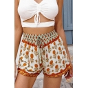 Ethnic Girls Allover Flower Printed Drawstring Waist Relaxed Fit Shorts in White