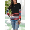 Stylish Stripe Printed Long Sleeve Round Neck Loose Fit T-shirt for Women