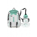Chic 3D Backpack Set Contrasted Striped Number Printed Buckle Embellished Bulk Travel Backpack Set