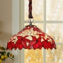 Hand Cut Glass Red Chandelier Bowl 3 Bulbs Mediterranean Hanging Ceiling Light with Maple Leaf Pattern
