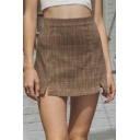 Womens Skirt Trendy Gingham Pattern Double Split High-Waisted Mini Bodycon Skirt