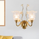 1/2 Bulbs Surface Wall Sconce Traditional Living Room Wall Lighting with Flower Clear/Textured White Glass Shade in Brass