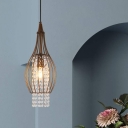 Simple Cylinder Pendant Lighting Crystal Strand 1 Head Bedroom Hanging Light Kit in Coffee with Wire Cage