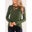 Chic Womens Solid Color Hollow Out Criss-Cross Front V Neck Long Sleeve Loose Blouse Top