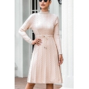 Womens Popular Plain Cable Knitted Long Sleeve Mock Neck Drawstring Waist Midi A-line Sweater Dress