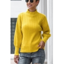 Popular Womens Solid Color Long Sleeve Mock Neck Knitted Relaxed Pullover Sweater Top