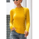 Pretty Solid Color Long Sleeve Crew Neck Oblique Button Up Slim Fit Knit Top in Yellow