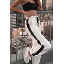 Womens Pants Stylish Colorblock Side Striped Lace-up Decorated High Waist Cuffed Regular Fitted Ankle Length Relaxed Pants