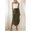 Womens Skirt Casual Plain Single-Breasted Bow-Tie Waist Curved Hem Midi High Waist High-Low Skirt