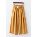 Cool Womens Pants Solid Color Buckle Waist Pleated Ankle Length Loose Fitted Wide Leg Pants