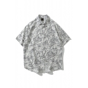 Mens Shirt Chic Leaf Pattern Chest Pocket Button-down Half Sleeve Spread Collar Loose Fit Shirt