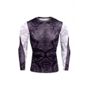 Mens T-Shirt Simple Contrasted Abstract Pattern Quick-Dry Crew Neck Long Sleeve Skinny Fitted T-Shirt