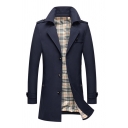 Basic Mens Trench Coat Plain Epaulets Plaid-Lined Wide Lapel Collar Button up Long Sleeve Slim Fitted Trench Coat