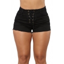 Black Vintage Womens Shorts Plain Frayed Hem Lace-up Front Slim Fitted Zipper Fly Denim Shorts
