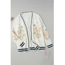 Trendy Womens Flower Embroidered Stripe Printed Long Sleeve Open Front Knit Loose Fit Cardigan